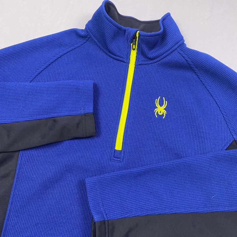Spyder Waffle Knit 1/4 Zip Pullover Mens XL Blue Black Fleece Lined Ski Midlayer